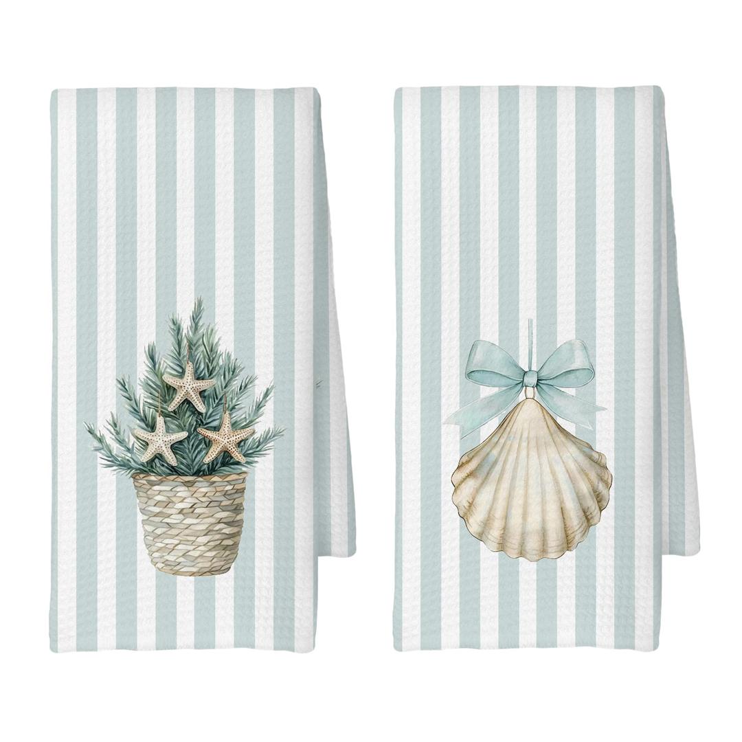 CUANFDDSF Blue Christmas Coastal Beach Kitchen Towels Set of 2, Preppy Beach Seashell Striped Decoration Tea Towel Kitchen Hand Towels for Bathroom, Preppy Christmas Bathroom Decor, 16x24 Inch