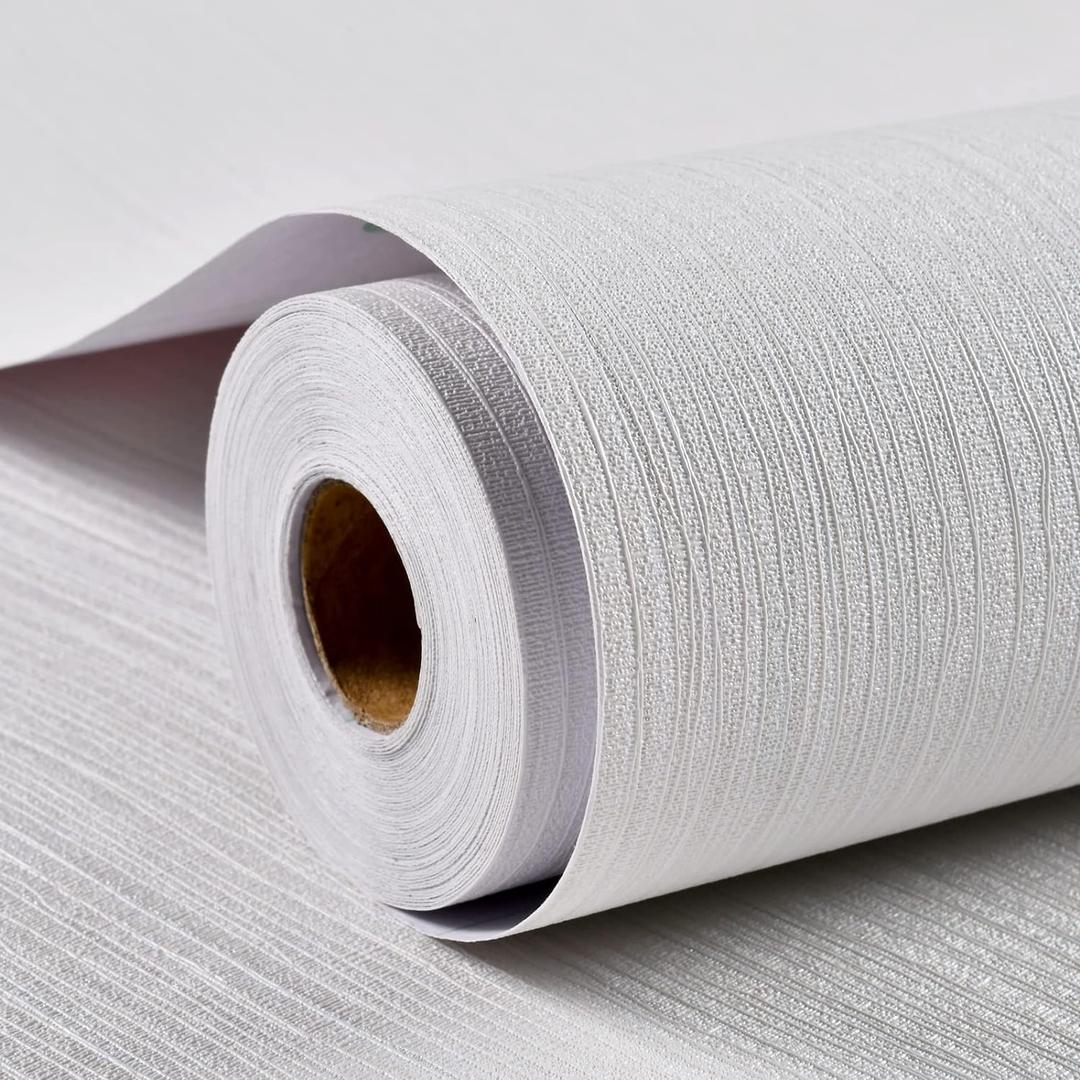 Haimin Grasscloth Textured Wallpaper 24in X 393in Fabric Contact Paper White Wall Paper Linen Peel and Stick Self-Adhesive Thick Vinyl Embossed Film Wallpaper (White)