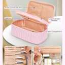 Relavel Cute Makeup Bag for Girls, Portable Pink Cosmetic Bag, Dual-layer Makeup Pouch with Brush Holder, Multi-Functional Preppy Toiletry Organizer for Travel, Daily Use - Pink Strip