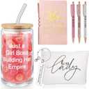 SiliFine Pink 7 Pcs Boss Gift Sets for Women Her Lady, Best Boss Appreciation Gift 16 oz Glass Cup Lady Makeup Bag Keychain A6 Notepad Ballpoints Pen for Female Leader Manager