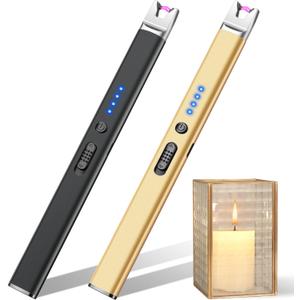 LcFun 2 Pack Candle Lighter USB Rechargeable Electric Plasma Arc Lighters with Safety Lock, Windproof Flameless Lighters Long Stem Matches for Candle, Grill, BBQ, Camping, Gas Stoves (Black, Gold)