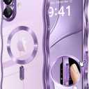 GVIEWIN for iPhone 17 Case [Compatible with MagSafe][Upgraded Full Camera Protection][Cute Wave Frame] Glossy Slim Shockproof Protective Magnetic Phone Case for iPhone 17 6.3'', Clear/Lilac Purple