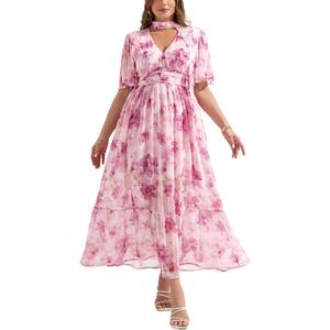 EYWOL Plus Size Wedding Guest Dresses for Women Floral Chiffon Flowy V Neck Maxi Dress with Detachable Tie Smocked Back (Pink, L)