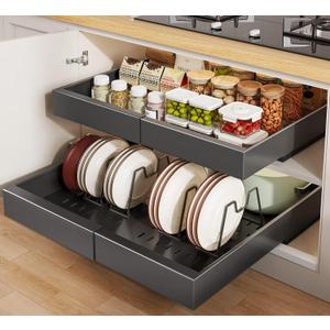 Seinloes 2 Pack Pull out Cabinet Organizer 21"Deep With Raising Pad for Framed Cabinets, Expandable Slide out Drawers for Kitchen Cabinets with 4pcs Divider Racks, Roll out Shelves 12.1"-20.4" W Black