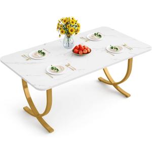 LITTLE TREE Dining Room Table, Kitchen Table with Faux Marble Table Top and Gold Metal Legs (63 Inches Large)