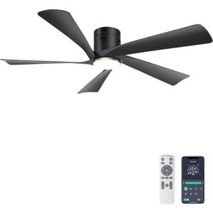 Ohniyou 52 Low Profile Ceiling Fan with Lights, Remote & APP Control Modern Flush Mount Indoor Outdoor Ceiling Fans, Dimmable, Silent DC Motor, Reversible, Black