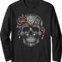 Floral Mexican Skull Day of the Dead Dia De Muertos Women Long Sleeve T-Shirt, S
