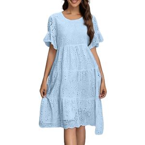 Womens Boho Summer Dresses 2025 Resort V Neck Short Sleeve Hollow Out Lace Ruffle Casual Beach Mini Vacation Dress L