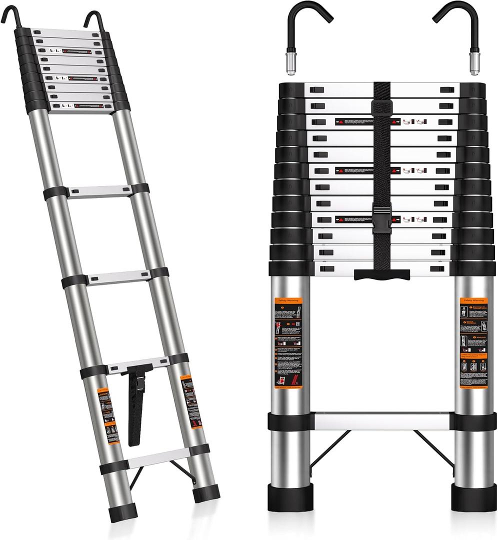 Telescoping Ladder 16.5 FT Stainless Steel Extension Ladder with 2 Detachable Hooks, Portable Multi-Purpose Collapsible Telescope Ladder for Home,RV,Outdoor Work, 330lbs Max Capacity