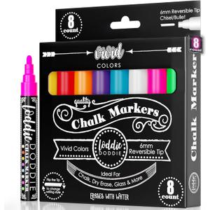 Loddie Doddie Liquid Chalk Markers - 8-Pack, 6mm Dual Tips - Chalk Markers for Blackboard & Chalkboard Paint - Washable Window Pens for Glass - Erasable Pens (Vivid Colors)