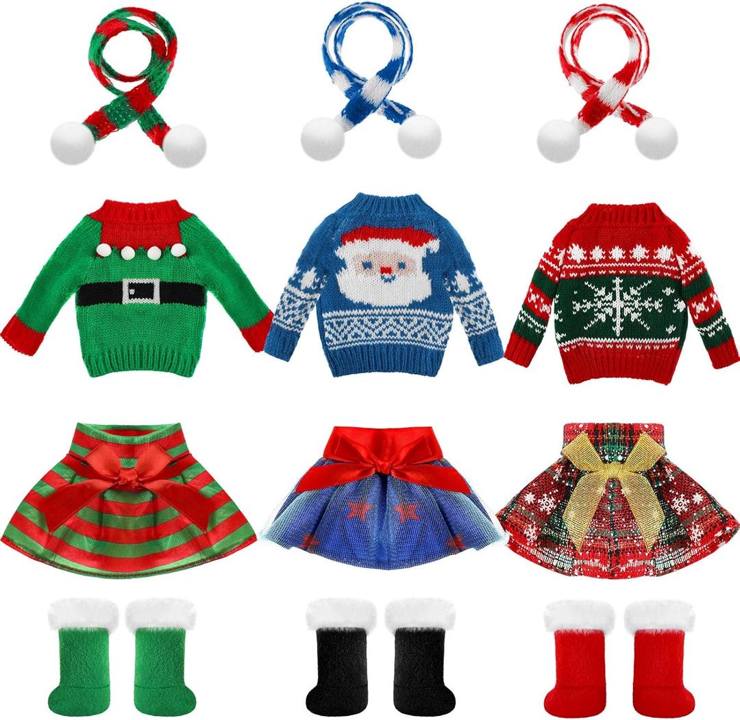 12 Pcs Christmas Doll Accessories Clothes Christmas Doill Costume Mini Outfit Include Knitted Sweater Skirt Scarf Snow Boots for Xmas Decor (Exquisite)