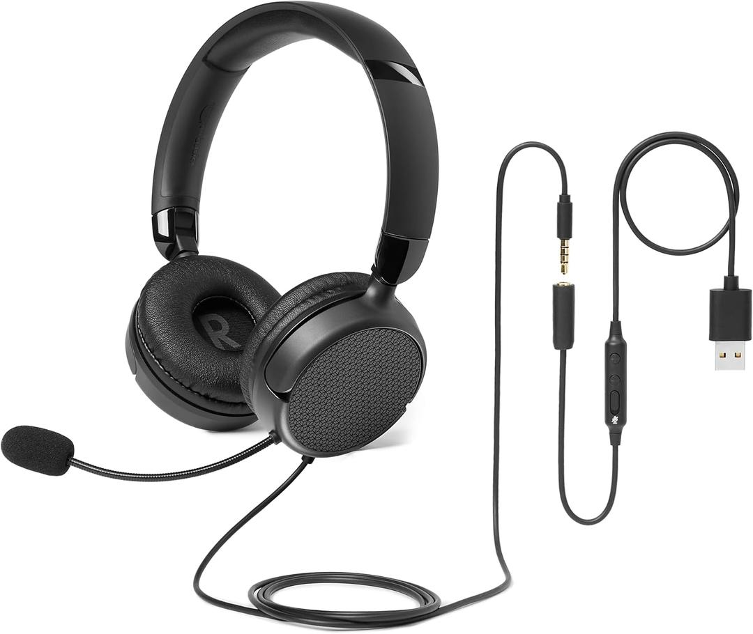 Amazon Basics On Ear Wired Computer Headset with Adjustable Microphone, 3.5mm Port or in-Line Control with USB-A Port, Foldable, Clear Sound, Small/Medium Size, Black