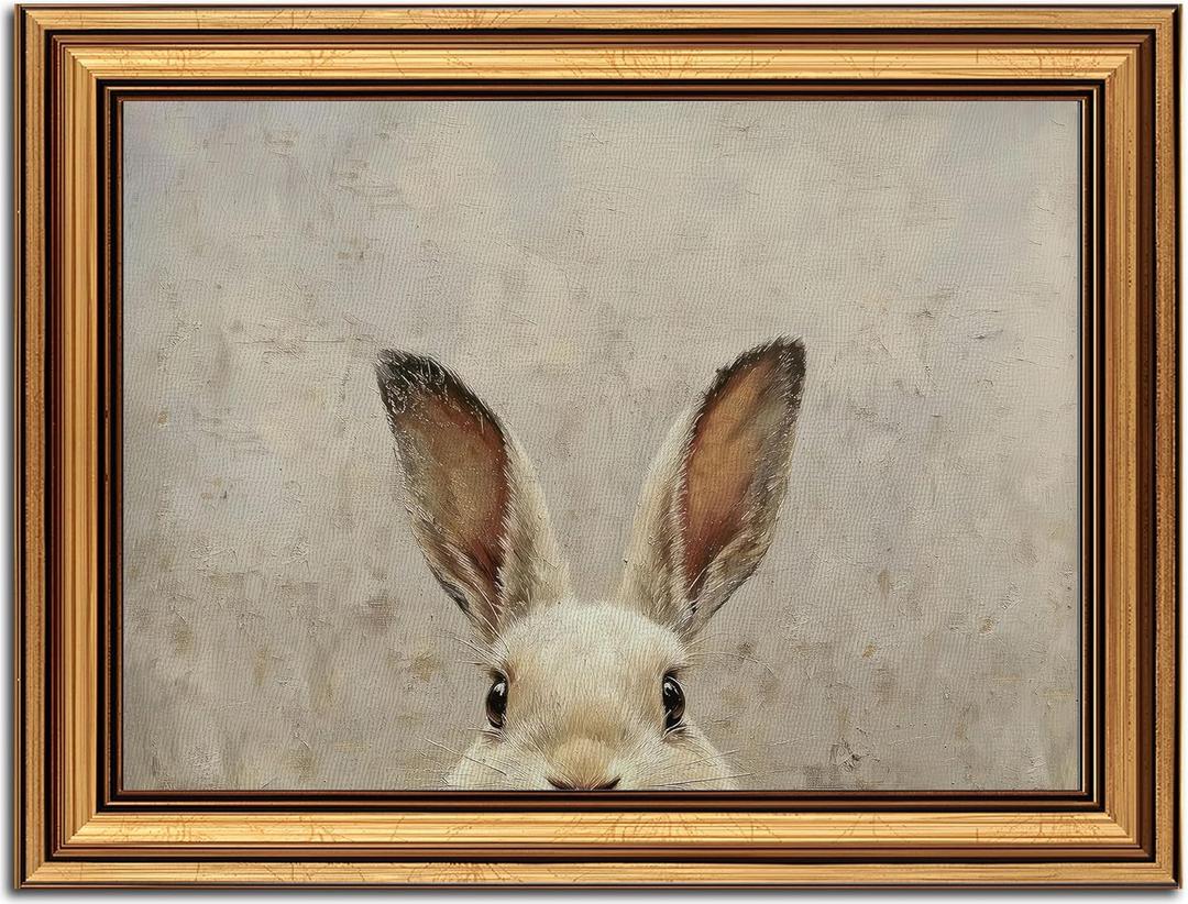 Vintage Gold Framed Wall Art for Living Room Bunny Canvas Prints Rabbit Oil Painting Picture Rustic Easter Wall Decor for Living Room Bedroom Bathroom 12x16in