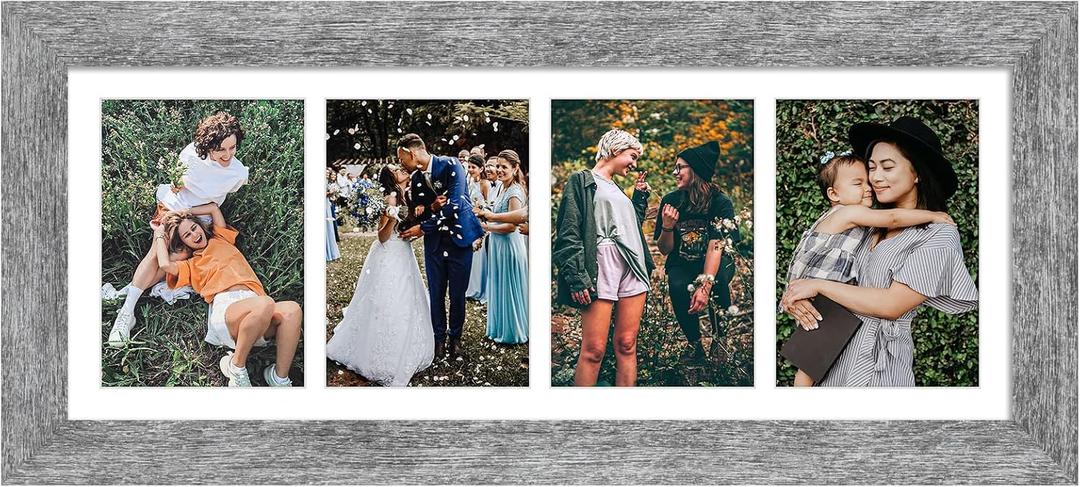 8x21 Picture Frame Display 4 opening 5x7 Collage Picture Frame,Multi Photo Frame with Mat,Plexiglass,Horizontal and Vertical Formats for Wall Decor,Grey Wood Grain
