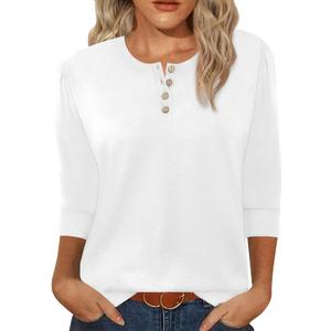 3/4 Length Sleeve Womens Tops Crew Neck Buttons Henley Shirts Tunic T Shirts Loose Fit Work Blouses 2025 Fall Trendy (White, M)