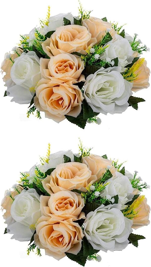 Artificial Flowers Kissing Ball, 2 Pcs Faux Flower Balls Fake Flower 15 Heads Plastic Roses with Base Wedding Bouquets Party Table Decor Home Decor Bouquet for Wedding Centerpieces (Champagne White)