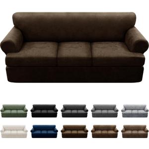 4-Piece T Couch Cover - Leather Look Slipcovers for 3 Cushion Sofa, Washable, Coffee