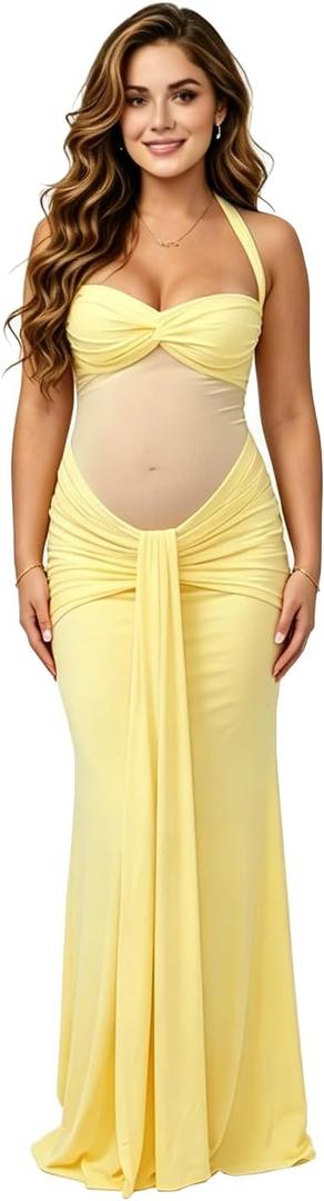 Women's Maternity Mermaid Dress, Sheer Cutout Spaghetti Strap Ruched Bodycon Gown for Baby Shower Wedding Photography (Yellow)