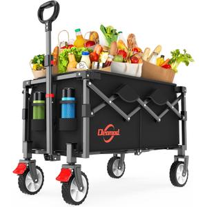 Collapsible Foldable Wagon, Heavy Duty Wagons Carts Foldable with Two Drink Holders and All Terrain Rolling Wheels with Brake, Utility Grocery Wagon Cart for Camping Shopping Sports and Fishing (Black)