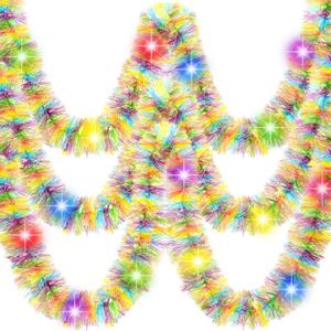 Chuangdi 16.4 ft Easter Tinsel Garland with LED String Light Easter Egg Twist Metallic Wire Garland Tinsel Foil Hanging Decor, Colored, Colored Light