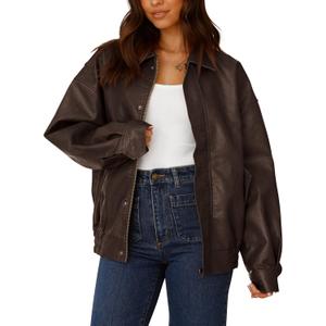 PRETTYGARDEN Women's Faux Leather Motorcycle Jacket Trendy Fall Spring Clothes Oversized Zip Up Winter Coat Outerwear, Size Small