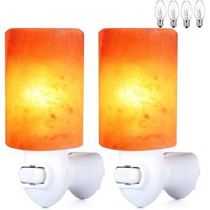 Himalayan Salt Lamp Plug in Night Light 2 Pack, 360 Degree Adjustable Wall Plug & Extra 4 Replacement Bulbs Bathroom Bedroom Night Light, Pink Crystal Rock Salt Hand Crafted Cylinder Size