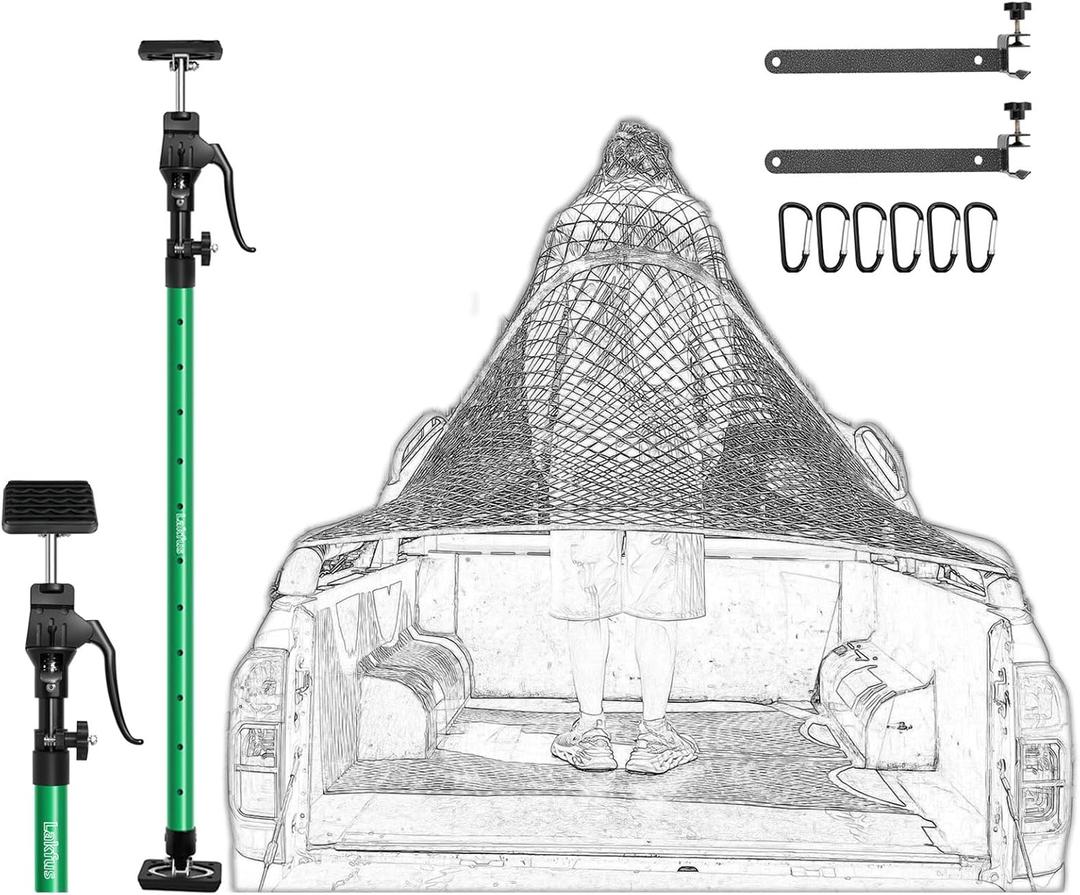 Cargo Net for Pickup Truck Bed with 2 Divider Bar,with 6 Metal Carabiners, 48"x48" Stretches to 96"x96", 40"-79" Cargo Bar, 220LB Capacity for Pickup Truck, SUV, Van, Trailer - Secure & Double Layer