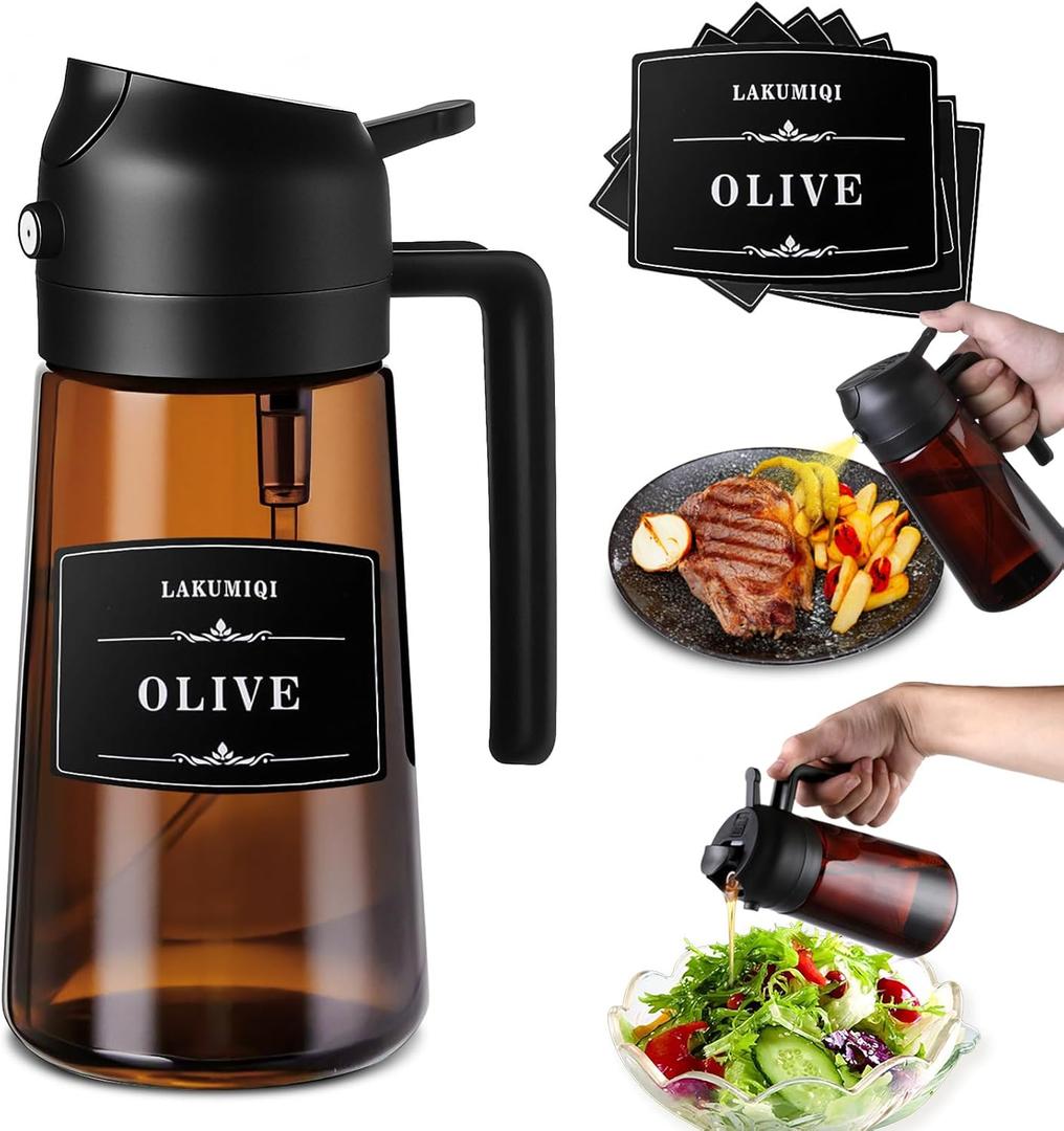 2-in-1 Glass Oil Dispenser & Sprayer - 16oz/470ml Leakproof Olive Oil Sprayer Bottle for Cooking, Air Fryer, BBQ, Baking, Salad (Black, 2 Pack)