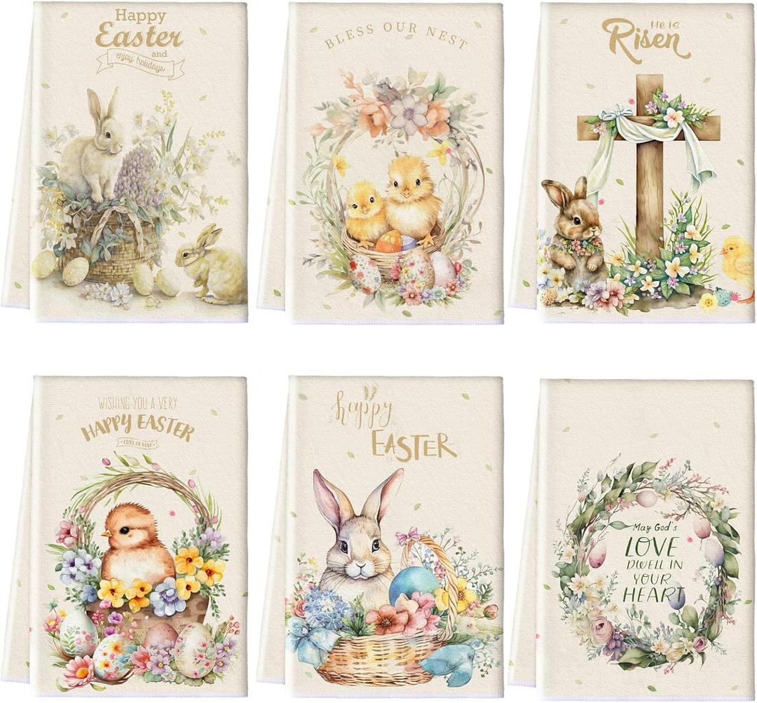 Patelai 6 Pack Easter Towels Kitchen Spring Bunny Chicken Hand Cloth Tea Towel Rooster He is Risen Cross Happy Easter Hand Dishcloth Holiday Flowers Washcloths for Spring Home Housewarming Gift (Mixed Style)