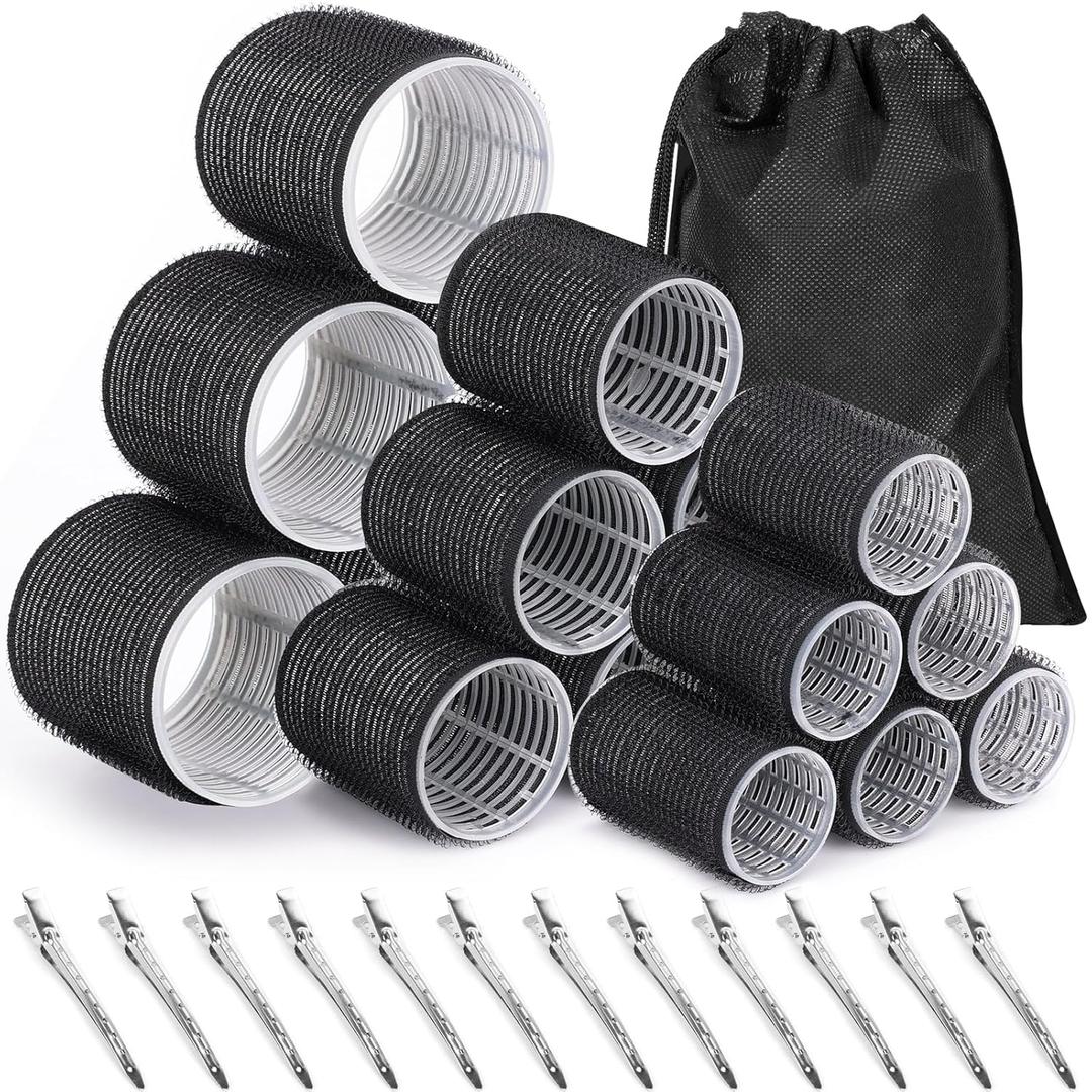 Rollers Hair Curlers 30Pcs Set with 3 Sizes (6 Large, 6 Medium, 6 Small) and 12 Clips, Storage Bag for Long, Medium, Short Hair Volume (Black)