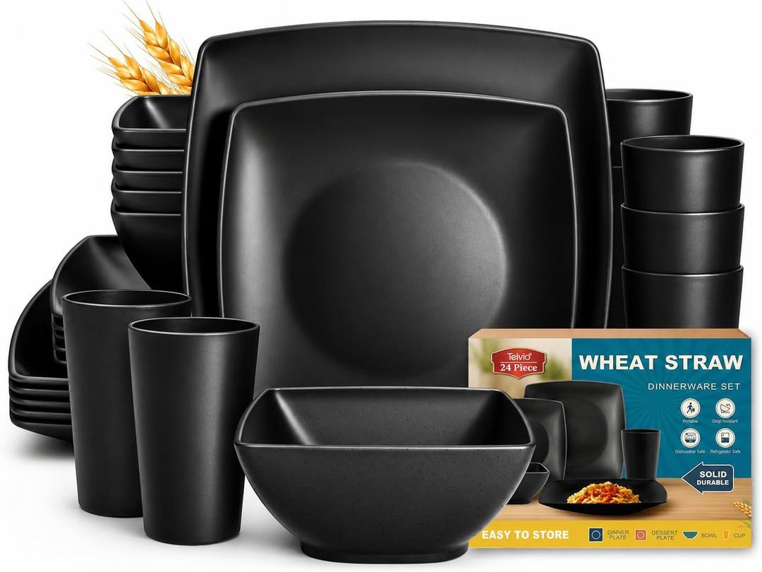 Teivio 24-piece Plastic Wheat Straw Square Dinnerware Set for 6, Unbreakable Dinner Plates, Salad Plates, Snack Bowls, Tumblers 13.5 oz, Dishwasher Safe, Outdoor Kitchen RV Dishes, Black