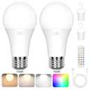 2-Pack A19 Rechargeable Light Bulbs with Remote, 15 Colors Shift + Dimmable Battery Operated Detachable LED Bulbs with 3 Timer, Wireless Emergency Puck Light Bulb for Lamps Wall Sconce, Non-Hardwired