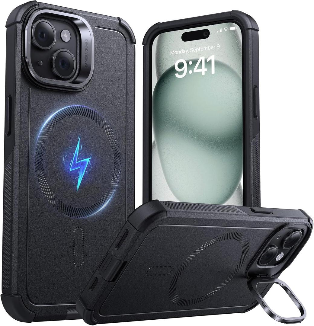ESR for iPhone 15 Case with Stand, 23 ft Military-Grade Drop Protection Heavy Duty Magnetic Phone Case, Compatible with MagSafe Accessories, Cyber Series, Black