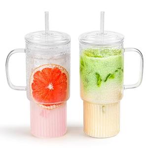 MINGHYZYA 32oz Glass Cups with Handle & Glass Lids and Straws, 2 Pack Large Borosilicate Glass Tumblers for Iced Coffee, Smoothies, Fruit Drinks. Reuseable Glasses Cups for Cold/Hot Water