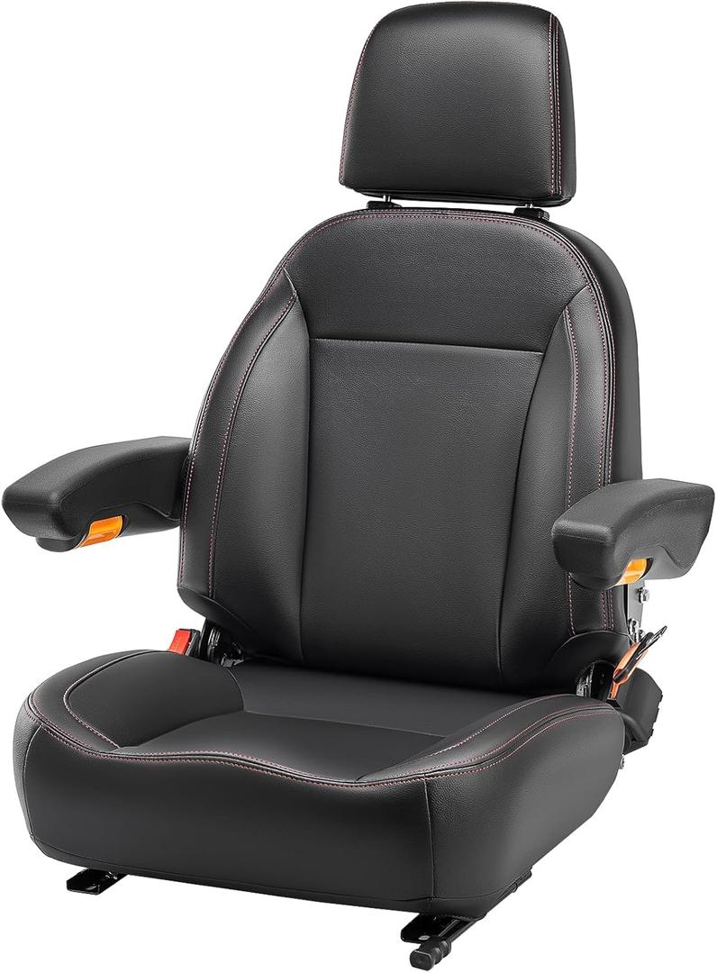 Universal Tractor Seat, Comfortable Zero Turn Mower Seat with Adjustable Safety Belt Armrest Backrest Micro Switch for Forklift Skid Steer Loader Telehandler Dozer Excavator (Black)