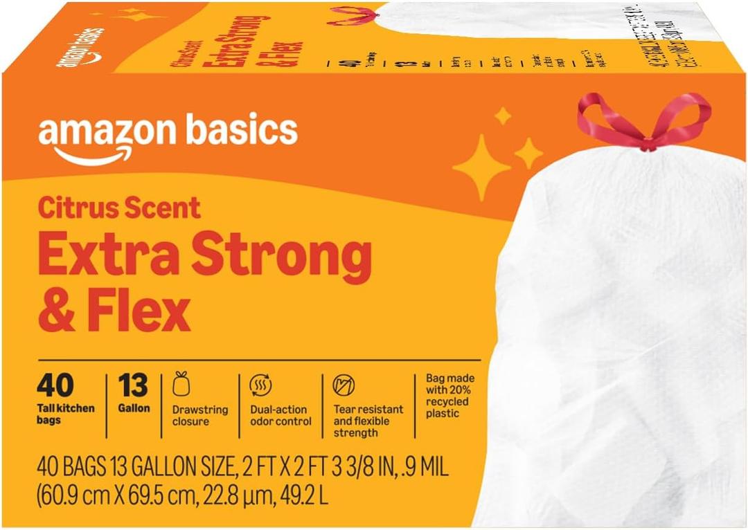 Amazon Basics Extra Strong & Flex Tall Kitchen Drawstring Trash Bags, Citrus Scent, 13 Gallon, 40 Count