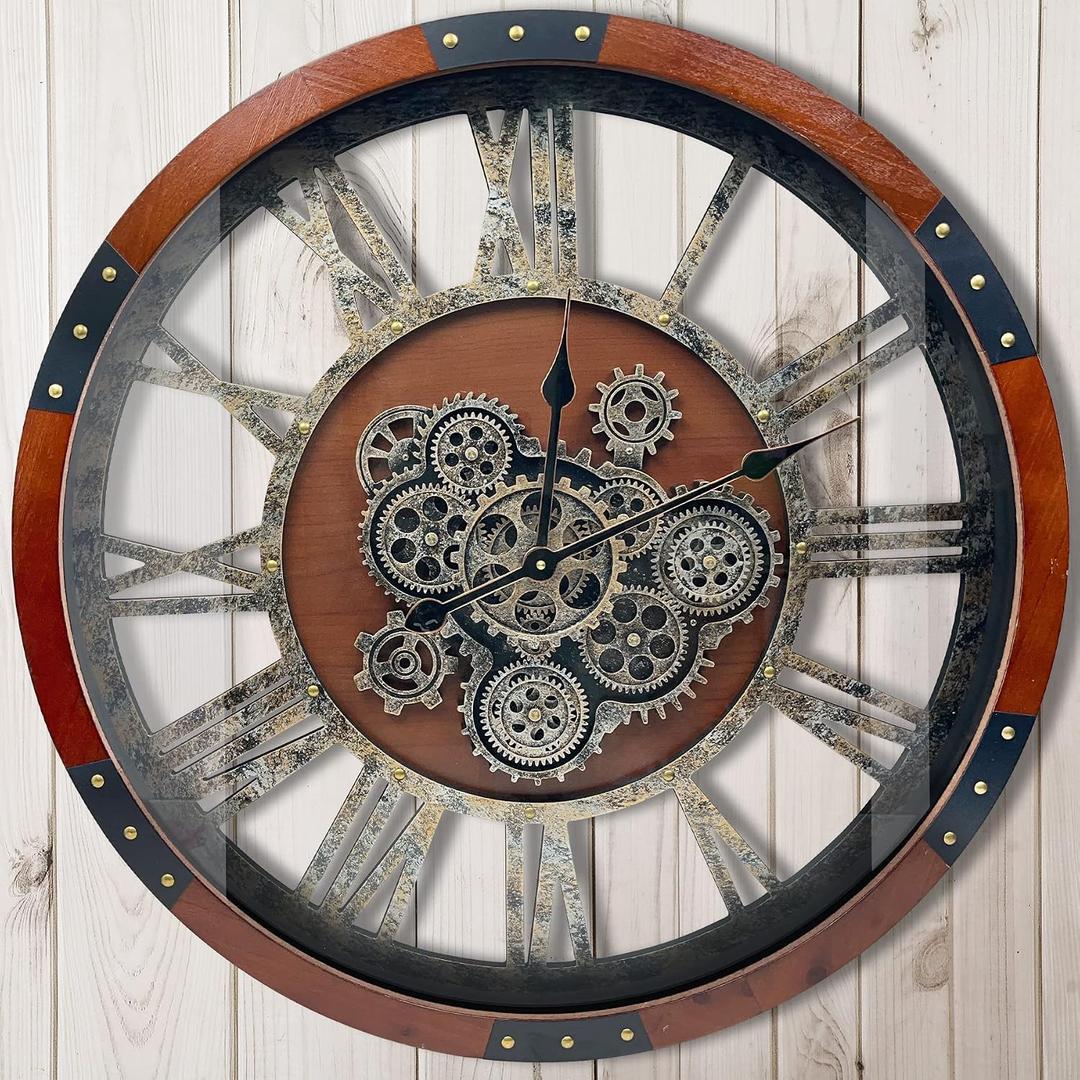 27" Original Moving Gears Wall Clock, Large Industrial Wall Clock for Living Room Decor, Retro Metal Solid Wood Vintage Farmhouse Steampunk Rustic Clocks for Wall Decor,Black Walnut, 68cm / 27inch