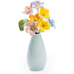 Handmade Ceramic Flowers, A Set of Porcelain Artificial Flower Leaf w/A Blue Vase for Living Room, Bedroom, Office Decor. No Assembly Required