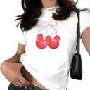 Pink Bow Cherries Shirt Women: Coquette Tops Clean Girl Aesthetic Shirts Casual Summer Short Sleeve Tshirt (Small, A-white-2)