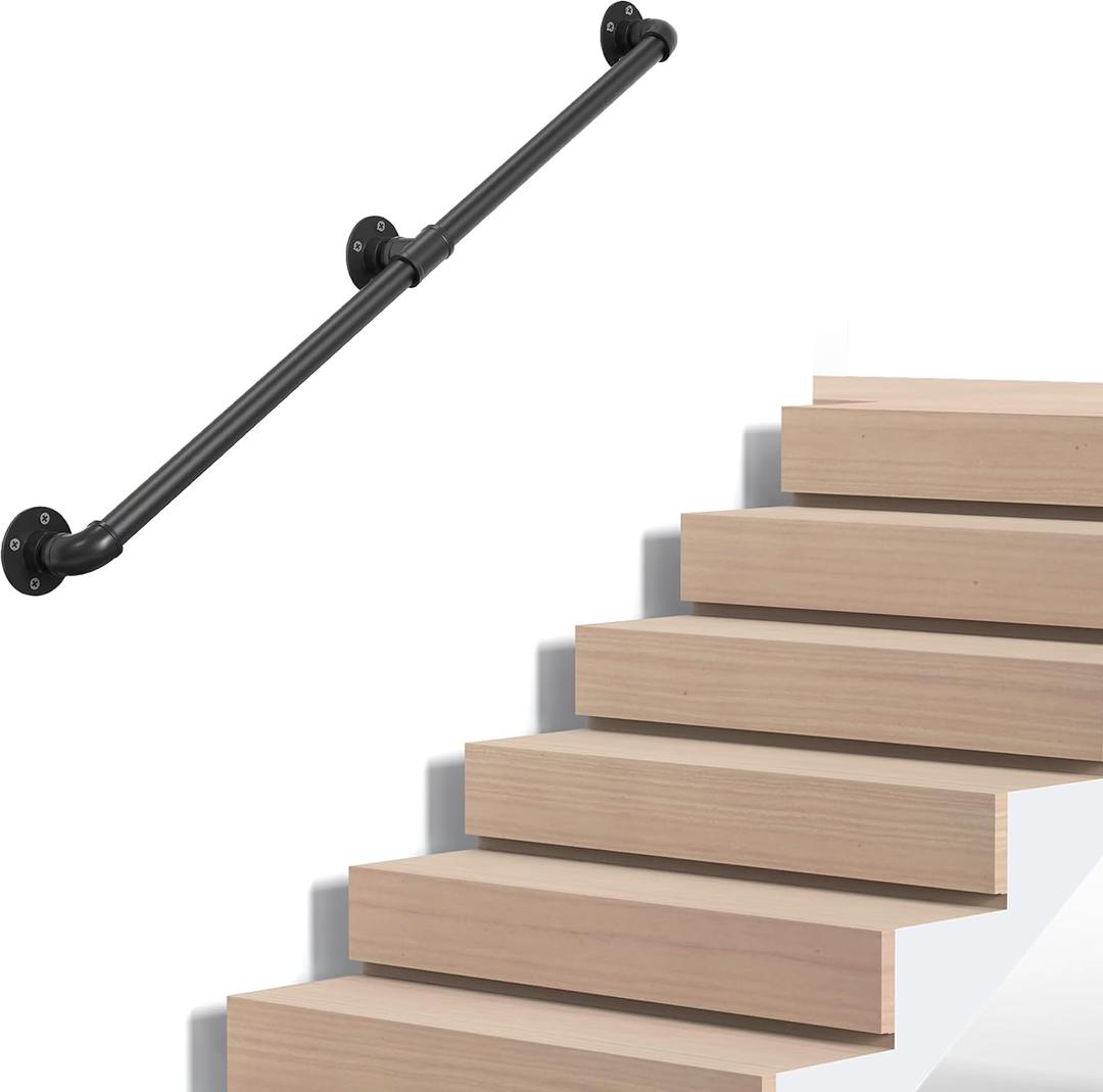 Industrial Pipe Stair Handrail, Wall-Mounted Metal Hand Rail for Indoor & Outdoor Steps, Black Galvanized Iron, Vintage Farmhouse Style, Heavy Duty Support for Stairs & Porch (Black, 5ft)
