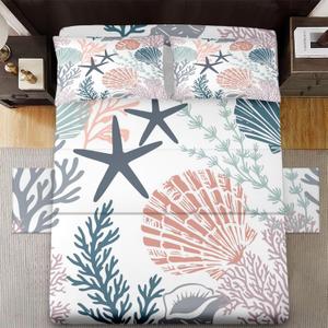 WeCozy 3 Pcs Twin Size Bed Sheet Sets with Pillowcase, Coastal Ocean Seashell Soft Microfiber Bedding for Kids and Adults, Starfish Beach Flat, Fitted Sheet for Bedroom Bed Decor