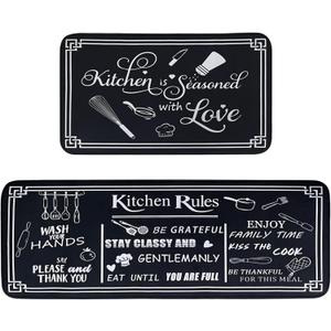 Voanos Black and White Kitchen Rugs,Non Skid Washable Microfiber mats for Kitchen Floor,Kitchen Rules Theme Cushioned Runner Rug Decor Sets of 2,Size 17"x 47"+17"x 30"