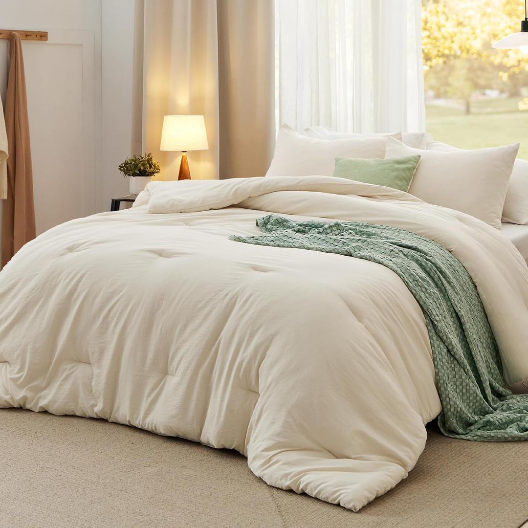 Bedsure Oversized Queen Comforter Set, Cream Soft Prewashed Bedding for All Seasons, 3 Pieces GentleSoft Bed Set, 1 Lightweight Comforter (98"x98") and 2 Pillowcases (20"x26")