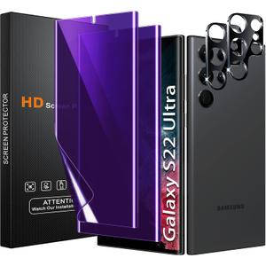 [2+2 Pack] Lesakit Anti-Blue Light Privacy Screen Protector for Samsung Galaxy S22 Ultra 6.8 inch with 2 Pack Camera Lens Protector, [Support Fingerprint ID] Anti Spy TPU Flexible Screen Protector-