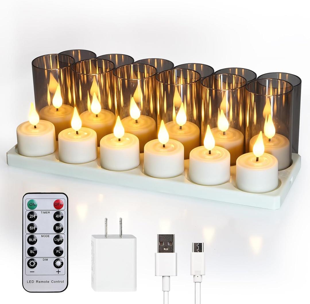 Rechargeable Tea Lights Candles with Remote Timer, 12 Packs Flameless Flickering led Tea Lights Votive Candles with USB Charging for Home Decor Centerpiece Christmas Wedding (2 inch)