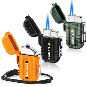 LcFun 3 Pack Waterproof Outdoor Lighter, Windproof Torch Lighters Butane Refillable, Electric Dual Arc Plasma Lighter USB Rechargeable, Camping Hiking Survival Tactical Gear Gadgets for Men
