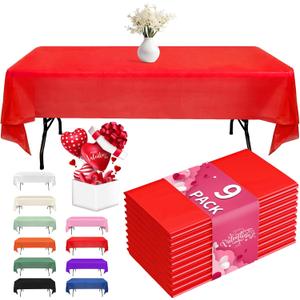 Fixwal Plastic Table Cloth Disposable 9 Pack, 54 x 108 Inch Table Cloths, Valentines Decorations, Valentines Day, Thanksgiving, Rad Tablecloths, Rectangle, Red Plastic Cover, Leakproof & Sturdy, Red