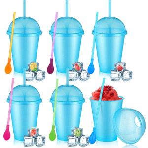 6 Set Slushie Cups with Dome Lids and Straws Detachable Spoon Straws Reusable Plastic Iced Coffee Cups Smoothie Tumbler for Birthdays Summer Party Supplies(Pastel Blue,16 oz)