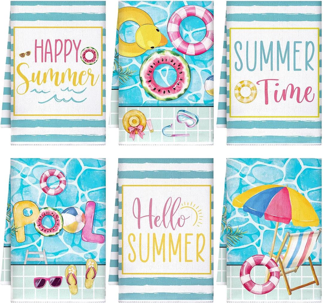 Tranqun 6 Pcs Summer Kitchen Towels Blue Pool Hand Dish Towels Cute Tea Accessories Watermelon Pool Decorative Absorbent Drying Dishcloth for Kitchen Cooking Home Baking Housewarming Gifts, 16 x 24''