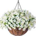 Artificial Fake Hanging Flowers Plants Baskets Spring Outdoor Decor, Outdoor Faux Silk White Morning Glory Eucalyptus in Planter UV Resistant Realistic for Outside Porch Patio Balcony Garden Yard Home (12 Bundles)